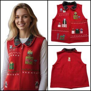 Designers Originals Red Christmas Gift Sweater Vest Zip Up Grandma Teacher Sz XL